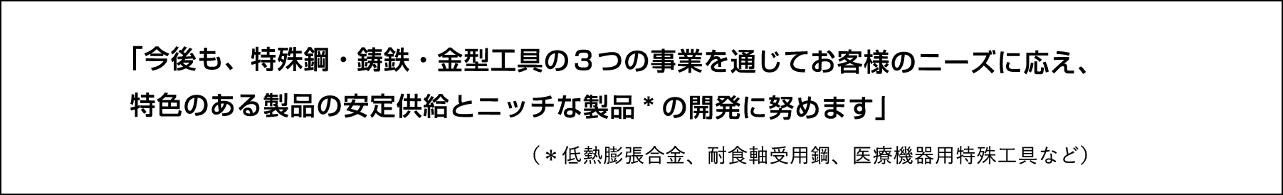 「今後も、特殊鋼・鋳鉄・金型工具の３つの事業を通じてお客様のニーズに応え、特色のある製品の安定供給とニッチな製品*の開発に努めます」（*低熱膨張合金、耐食軸受用鋼、医療機器用特殊工具など）
					